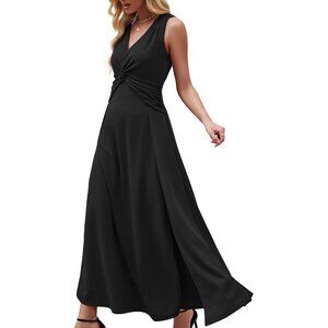 Women Black Sleeveless V Neck Formal A-line Midi Cocktail Dress With Flutter